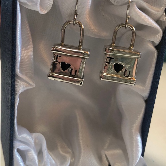 Vintage Sterling Silver I LOVE YOU Lock Earrings - Picture 2 of 3